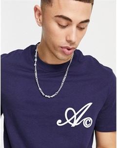 Темно синяя футболка с логотипом в рукописном стиле на груди ASOS Actual Asos design