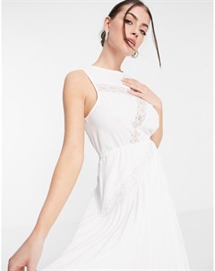 Белое плиссированное платье миди с кружевной вставкой и завязкой на талии Asos design