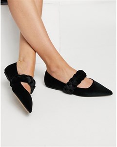 Черные бархатные балетки с острым носком и декоративным ремешком Liberty Asos design