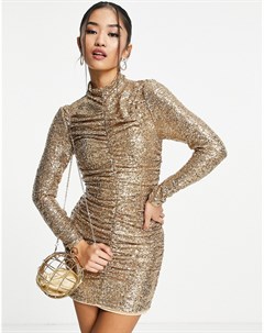 Золотистое присборенное платье мини с отделкой пайетками и высоким воротником Forever new petite