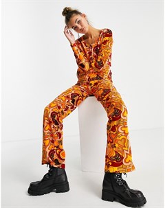 Расклешенные велюровые брюки оранжевого цвета с принтом в виде сердечек New girl order