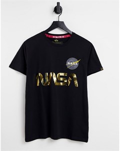 Черная футболка со светоотражающим золотистым принтом NASA Alpha industries