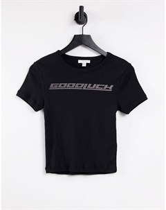 Черная футболка с надписью Good Luck с отделкой стразами Topshop