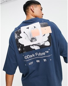 Темно синяя oversized футболка с абстрактной фигурой и графическим принтом цветка на спине ASOS Dark Asos design