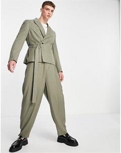 Широкие брюки оливкового цвета с завышенной талией и узором елочка Asos design