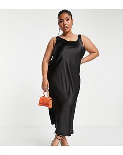 Черное атласное платье комбинация миди с глубоким вырезом ASOS DESIGN Curve Asos curve