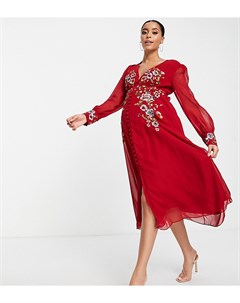 Чайное платье миди красного цвета с длинными рукавами и вышивкой Hope and ivy maternity