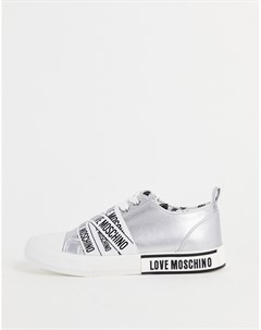 Серебристые кроссовки на шнуровке с несколькими разноцветными логотипами Love moschino