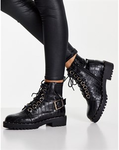 Черные походные ботинки на шнуровке с имитацией кожи крокодила Aura Asos design