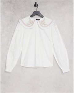 Белая рубашка с цветочной вышивкой на воротнике New look