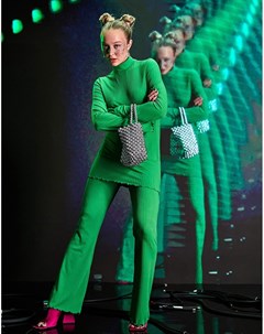 Платье туника мини 2 в 1 и расклешенные брюки ярко зеленого цвета в рубчик Asos design