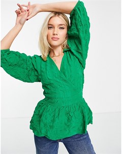 Ярко зеленая блузка с запахом и пышными рукавами Pieces
