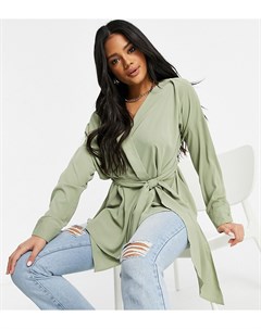 Зеленая oversized блузка с глубоким вырезом и завязками на талии Missguided