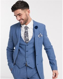 Супероблегающий пиджак василькового цвета из полушерстяной ткани с узором в елочку wedding Asos design