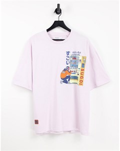 Розовая футболка с принтом в японском стиле на спине Bershka