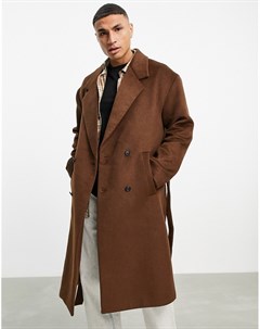 Пальто шоколадно коричневого цвета из материала с добавлением шерсти с поясом Topman