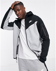Флисовый худи черного и серого цвета на молнии в стиле колор блок Tech Nike