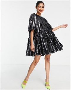 Темно серое платье мини с отделкой пайетками и присборенной юбкой Asos edition