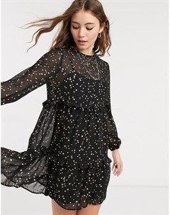 Черное ярусное платье мини с принтом из серебристых звезд Asos design