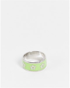 Серебристое кольцо с цветочным узором и отделкой эмалью зеленого цвета Asos design