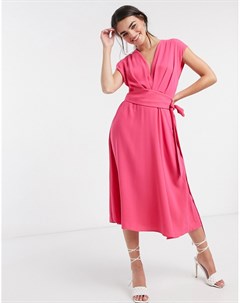 Ярко розовое платье миди без рукавов с поясом Asos design