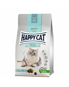Sensitive сухой корм для взрослых кошек для здоровья кожи и шерсти с курицей Happy cat