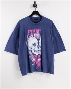 Темно синяя выбеленная oversized футболка с принтом черепа Asos design