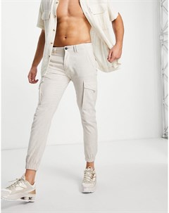 Кремово белые брюки карго из материала с добавлением льна и с манжетами Intelligence Jack & jones