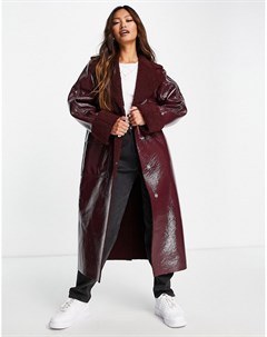 Бордовое длинное виниловое пальто с искусственным мехом Topshop