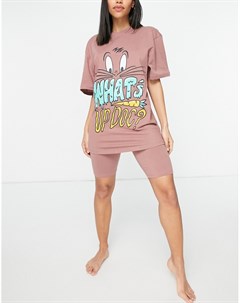 Пижама из футболки в стиле oversized и шортов леггинсов коричневого цвета с надписью What s Up Doc в Asos design