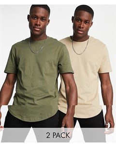 Набор из 2 удлиненных футболок бежевого цвета и цвета хаки с ассиметричным краем Only & sons