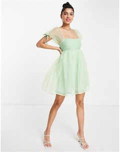 Платье мини в стиле бэбидолл светло зеленого цвета с квадратным вырезом и пышными рукавами Love triangle