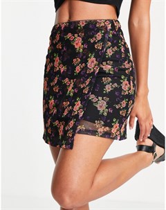 Черная сетчатая мини юбка с запахом и цветочным принтом Topshop