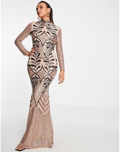 Платье макси цвета шампанского с высоким воротником длинными рукавами и вышивкой Goddiva