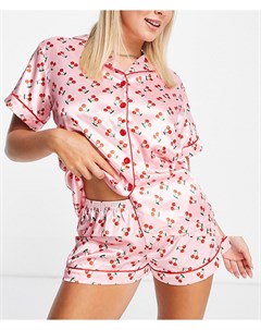 Розовый короткий атласный пижамный комплект с принтом вишен Night