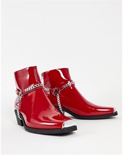 Красные лакированные ботинки челси в стиле вестерн на кубинском каблуке с серебристой цепочкой Asos design