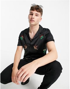Черная атласная рубашка классического кроя с отложным воротником и вышивкой Asos design