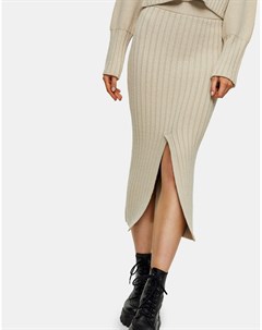 Трикотажная юбка бежевого цвета с разрезом по центру Topshop