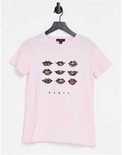Розовая футболка с принтом с логотипом губами и надписью Paris New look