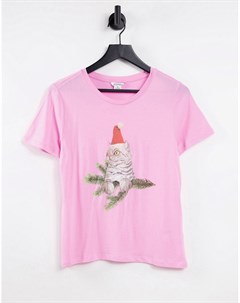 Розовая футболка из органического хлопка с новогодним принтом кота Monki