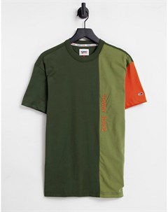 Зеленая свободная футболка в стиле колор блок с вертикальным логотипом Tommy jeans