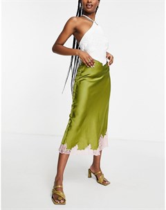 Атласная юбка миди оливкового цвета с контрастной кружевной отделкой Asos design