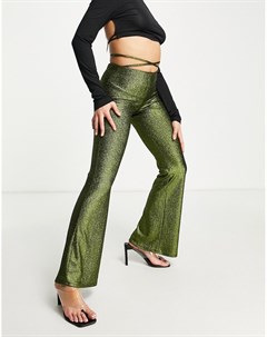 Зеленые расклешенные брюки с блестками низкой посадкой и завязками на талии Asos design