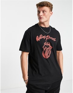 Oversized футболка черного цвета с принтом символики группы Rolling Stones Only & sons
