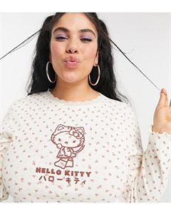 Топ в рубчик с длинными рукавами цветочным принтом и кружевным воротом x Hello Kitty New girl order curve