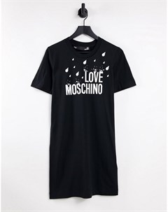 Черное платье футболка с логотипом и принтом капель дождя Love moschino
