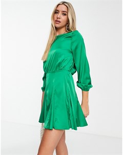 Зеленое атласное платье мини с длинными рукавами Ax paris