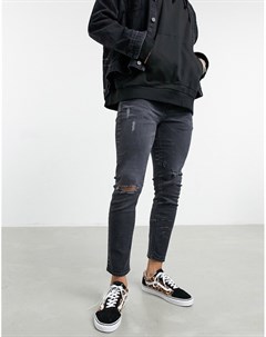 Черные зауженные джинсы до щиколотки с эффектом потертости и рваной отделкой изготовленные с уменьше Asos design