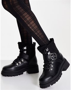 Черные ботинки для широкой стопы со шнуровкой и подкладкой из искусственной овчины Applaud Asos design