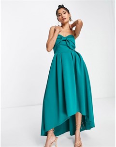 Платье миди изумрудно зеленого цвета с большим бантом и ассиметричным низом True violet